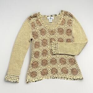 Once Again Woven Crochet Top Womens Size M Beige Bohemian Hippie Cottagecore